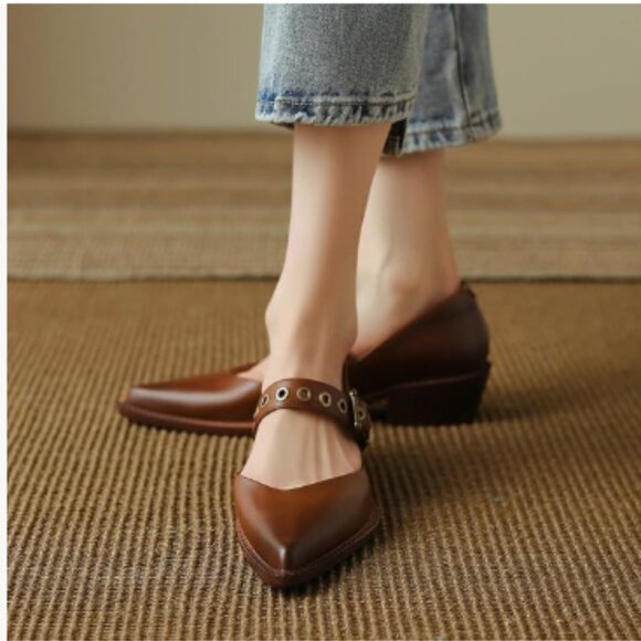 YDN Brown Pointed Toe Mary Jane Chunky Heels Loafers Hollow Buckle Party Pump - Picture 1 of 8